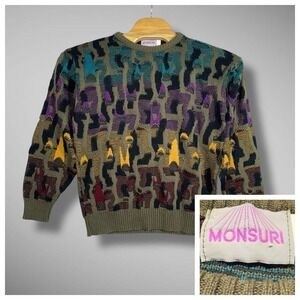 Vintage Monsuri Multicolor 3D Texture Knit Pattern Sweater Vtg Unique Rare USA M